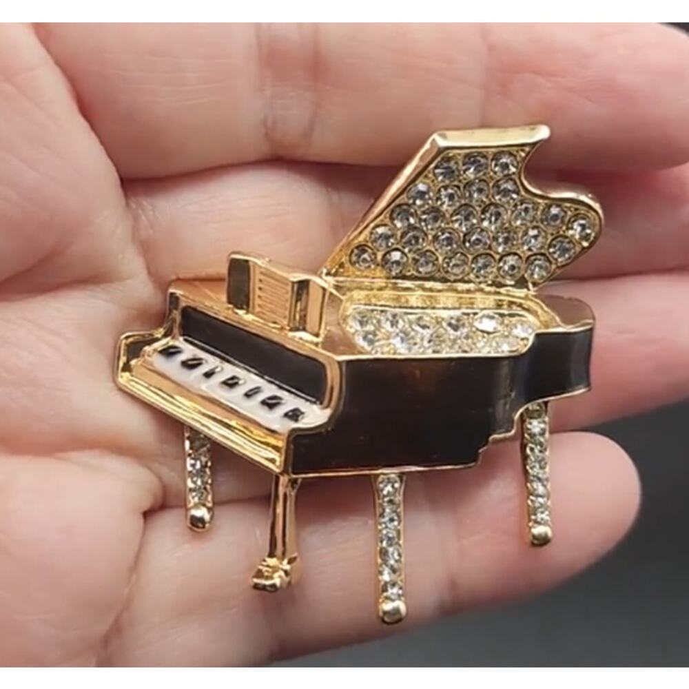Baby Grand Piano Brooch Rhinestones and Enamel Black & Gold Color
